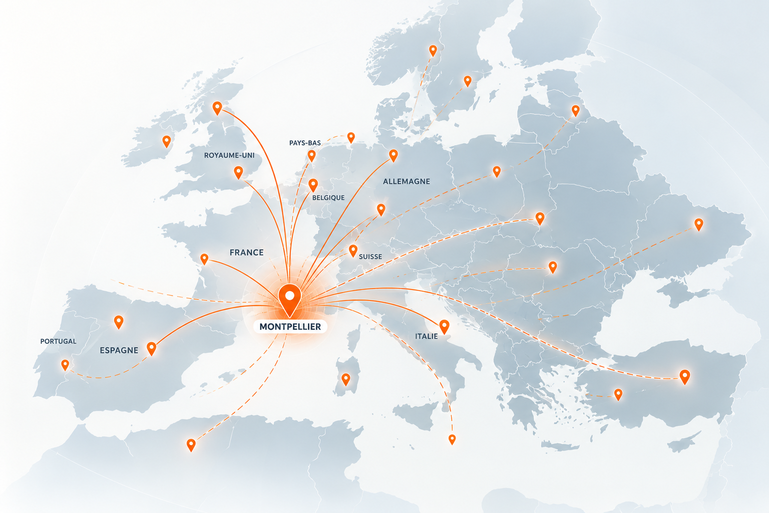 Réseau logistique européen de WAYLOG depuis Montpellier